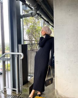 image-Women's Knitted A-Line Dress Long Sleeve High Waist Black