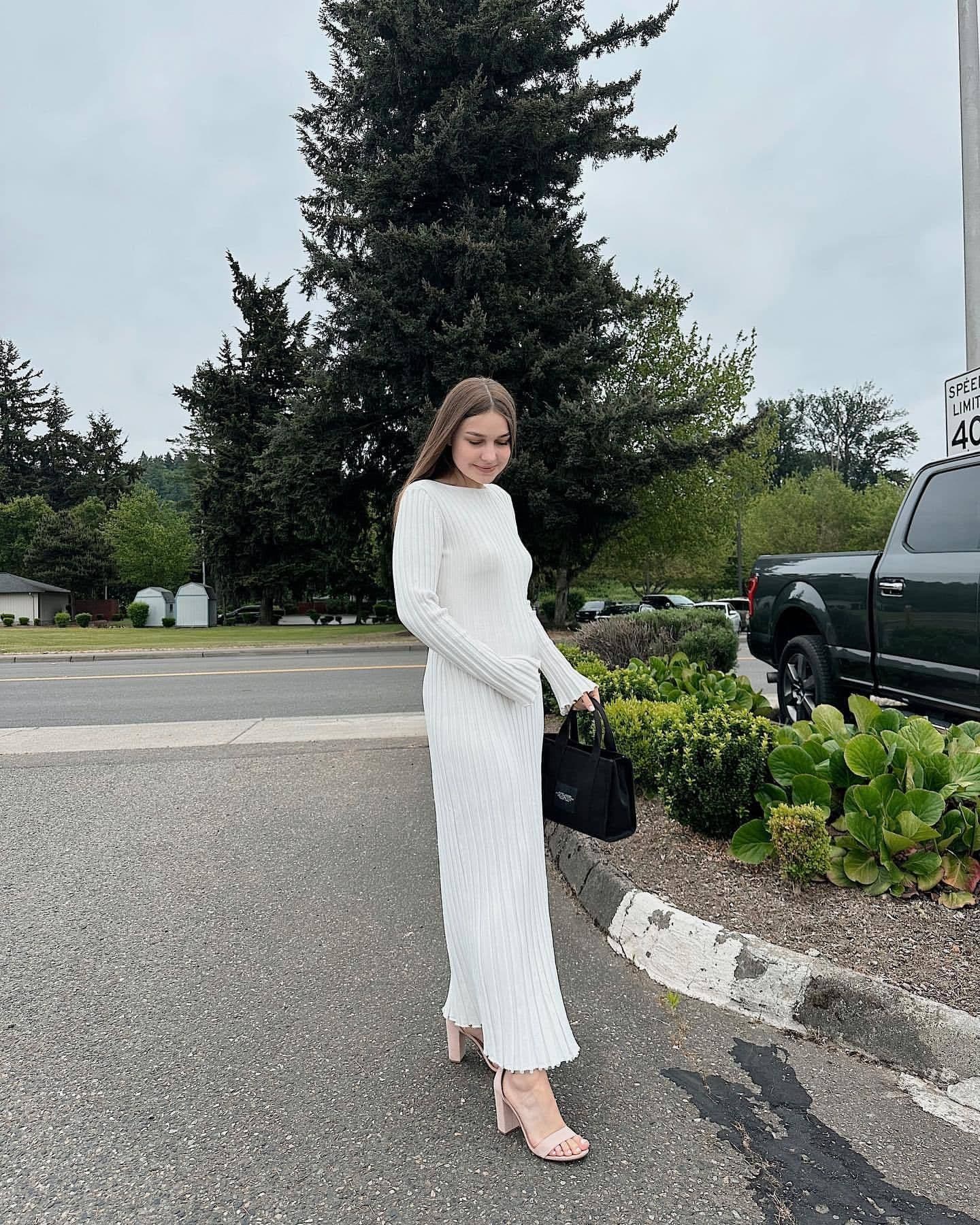 image-Women's Knitted A-Line Dress Long Sleeve High Waist Black