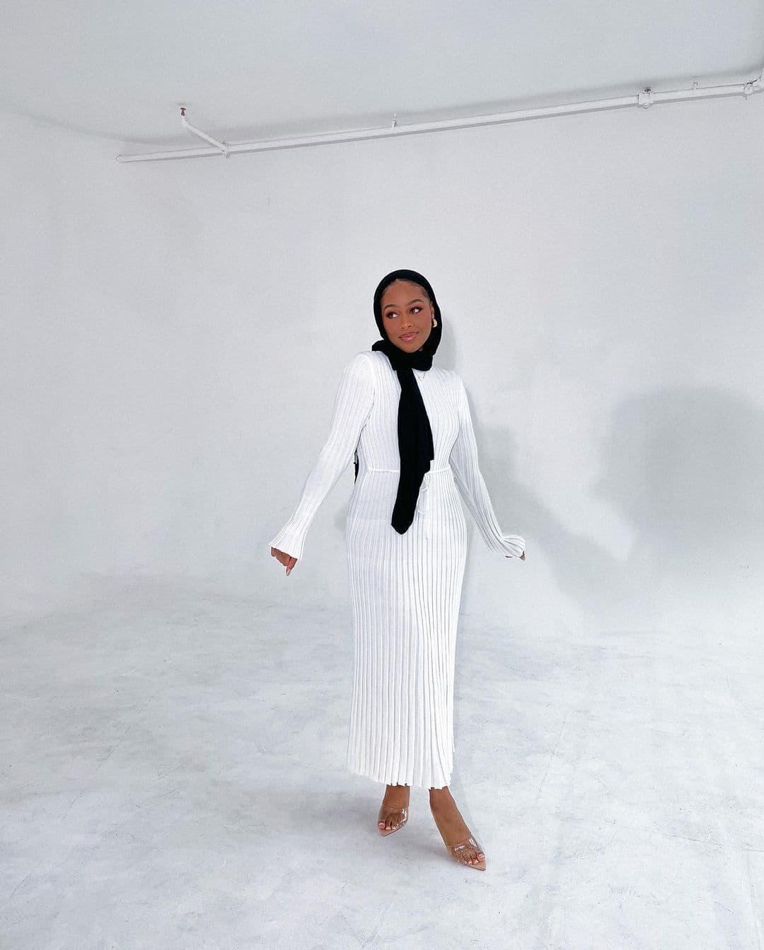 image-Women's Knitted A-Line Dress Long Sleeve High Waist Black