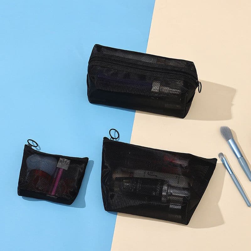 image-Nylon Mesh Cosmetic Bag Set 3-Piece Travel Makeup Storage