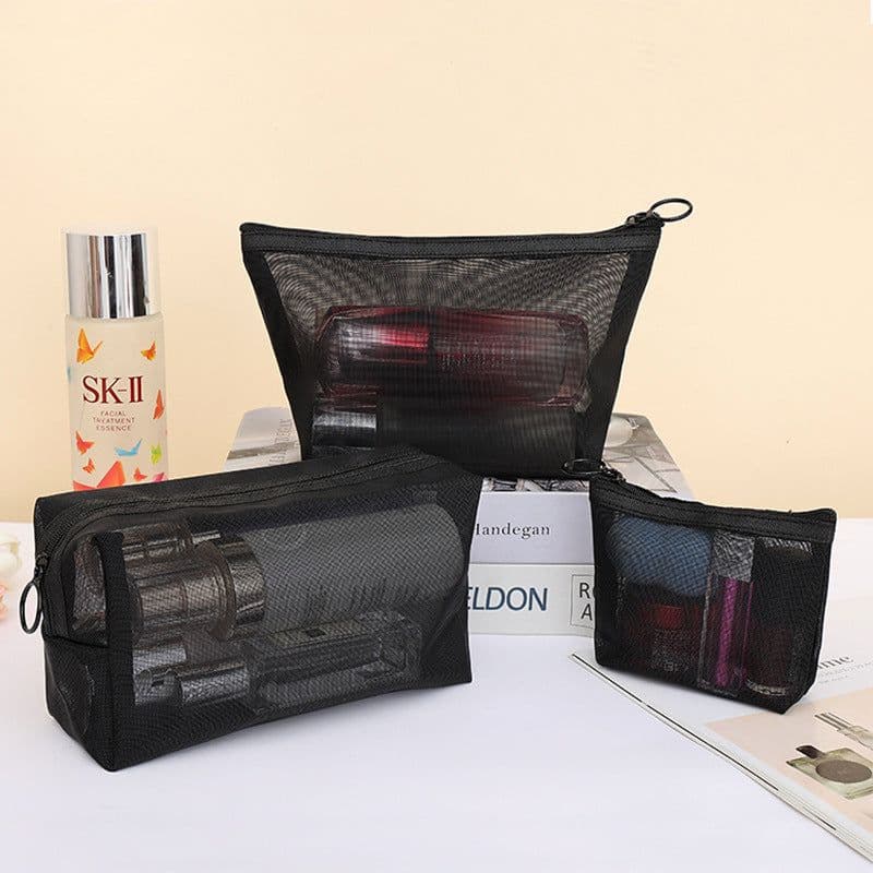 image-Nylon Mesh Cosmetic Bag Set 3-Piece Travel Makeup Storage