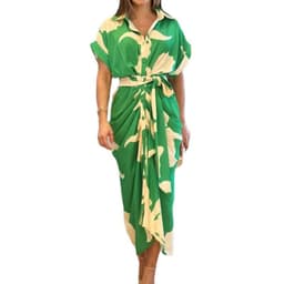image-Manyan Floral Print Shirt Dress Pink High-Waist A-Line Midi