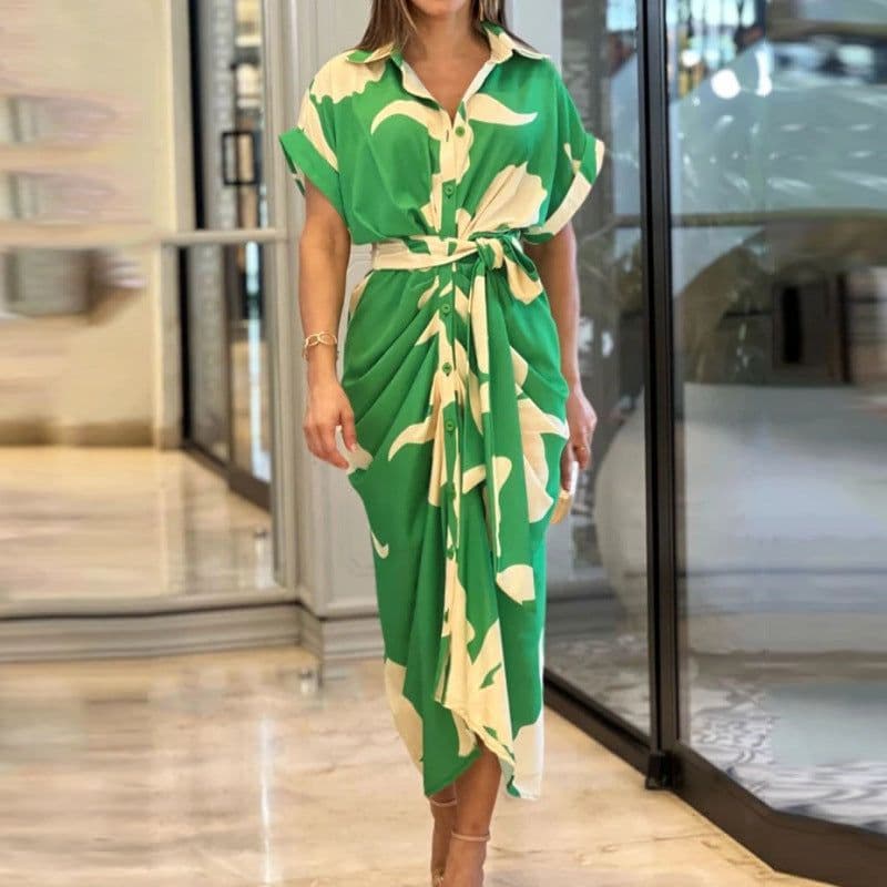 image-Manyan Floral Print Shirt Dress Pink High-Waist A-Line Midi