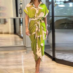 image-Manyan Floral Print Shirt Dress Pink High-Waist A-Line Midi