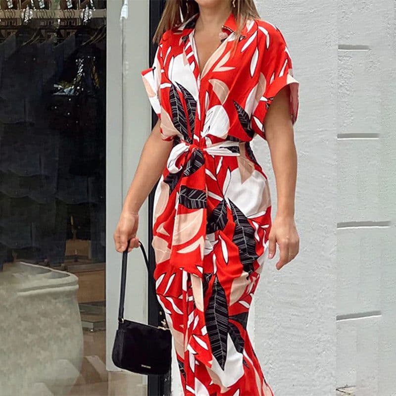 image-Manyan Floral Print Shirt Dress Pink High-Waist A-Line Midi