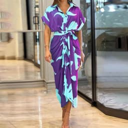 image-Manyan Floral Print Shirt Dress Pink High-Waist A-Line Midi