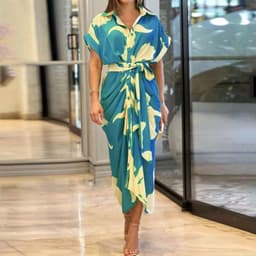 image-Manyan Floral Print Shirt Dress Pink High-Waist A-Line Midi