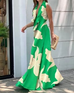 image-Women's Red Abstract Print Sleeveless Jumpsuit Casual Wide-Leg
