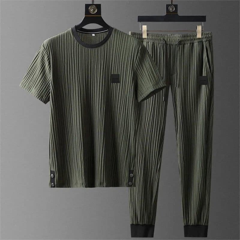 image-Men's Ice Silk Casual Sports Suit Short Sleeve Pants Two-Piece