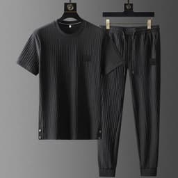 image-Men's Ice Silk Casual Sports Suit Short Sleeve Pants Two-Piece