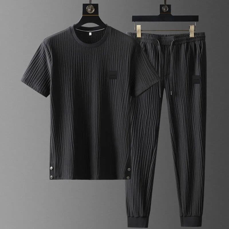 image-Men's Ice Silk Casual Sports Suit Short Sleeve Pants Two-Piece