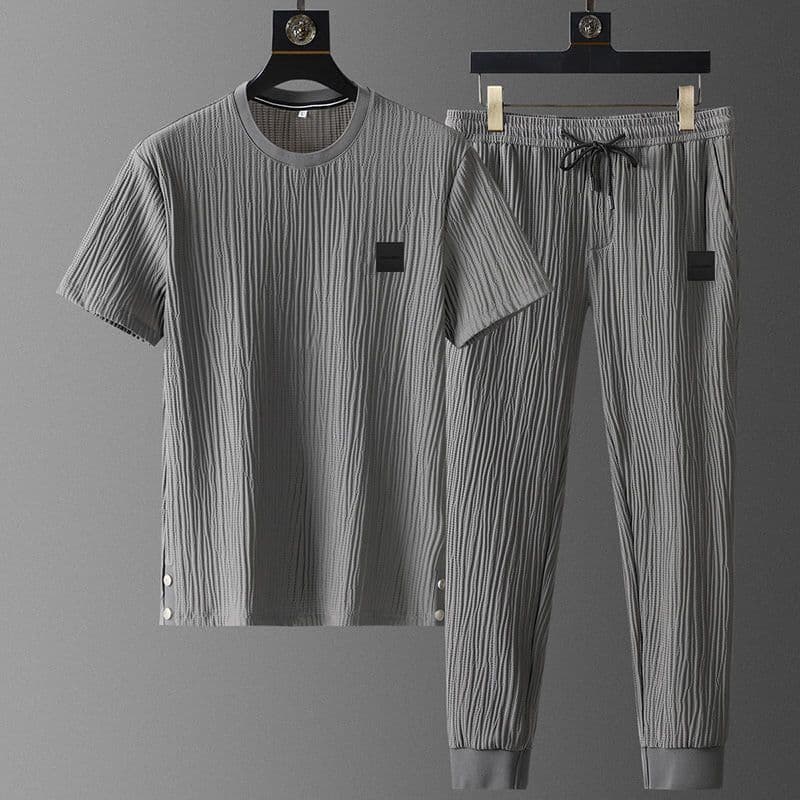 image-Men's Ice Silk Casual Sports Suit Short Sleeve Pants Two-Piece
