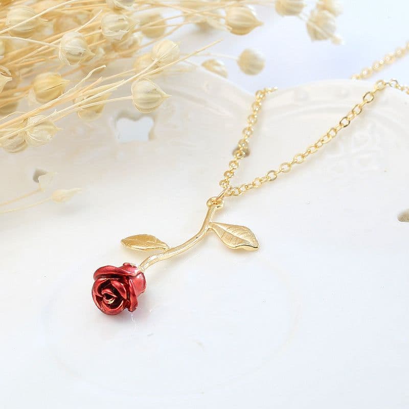 image-Red Rose Pendant Necklace Silver Alloy Flower Jewelry
