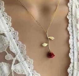 image-Red Rose Pendant Necklace Silver Alloy Flower Jewelry
