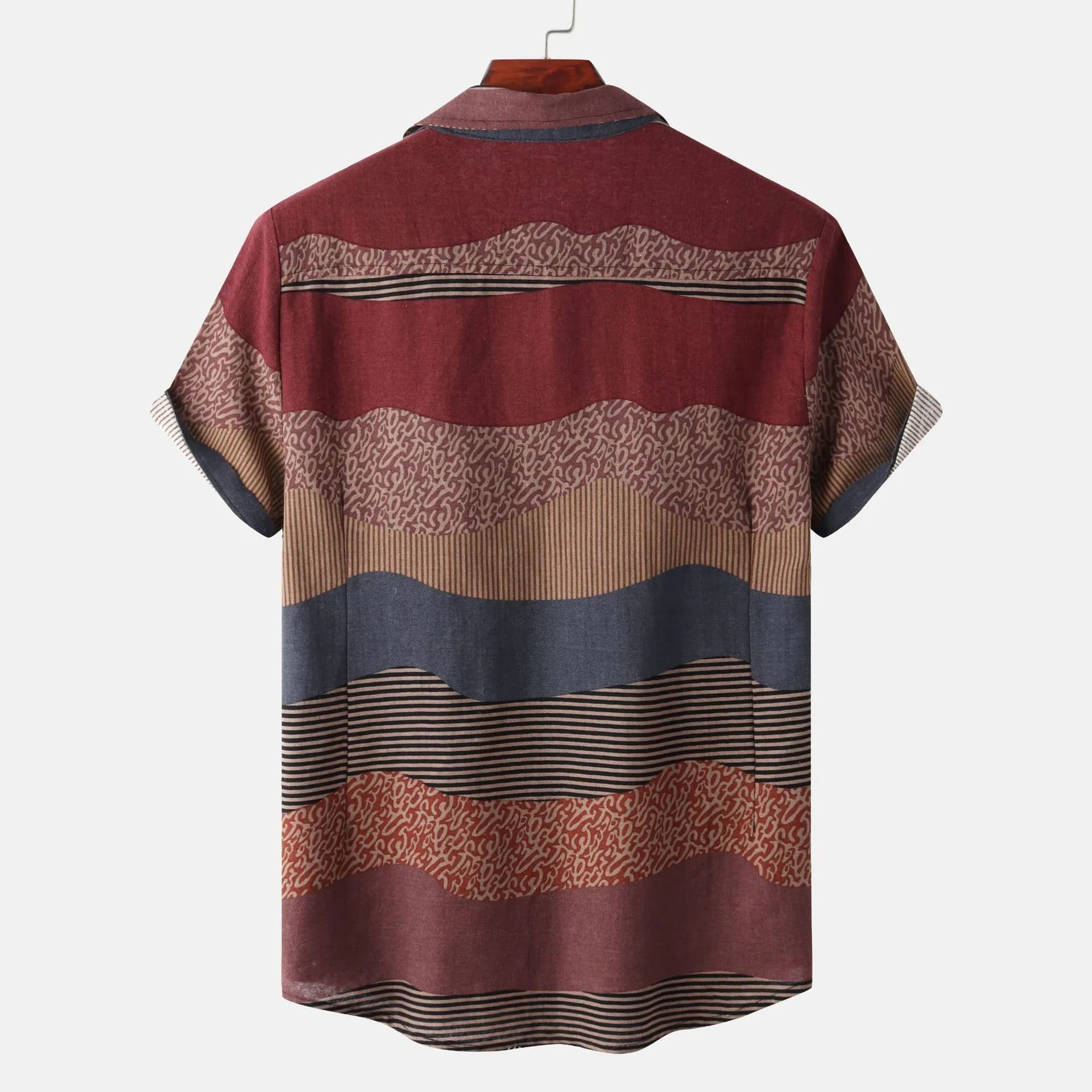 image-Men's Short Sleeve Colorblock Shirt with Lapel Collar