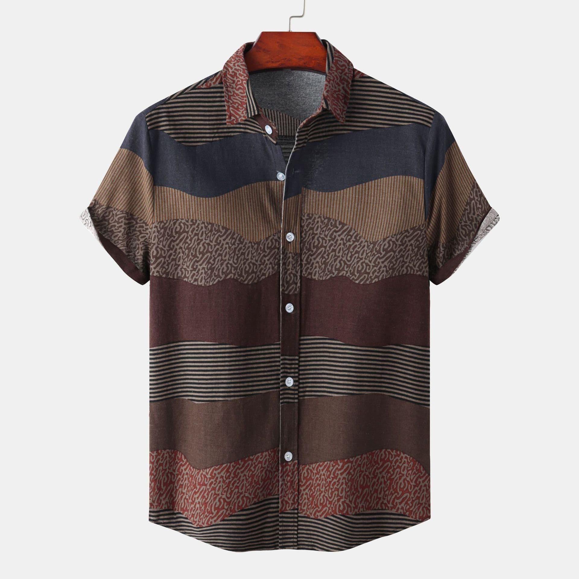 image-Men's Short Sleeve Colorblock Shirt with Lapel Collar