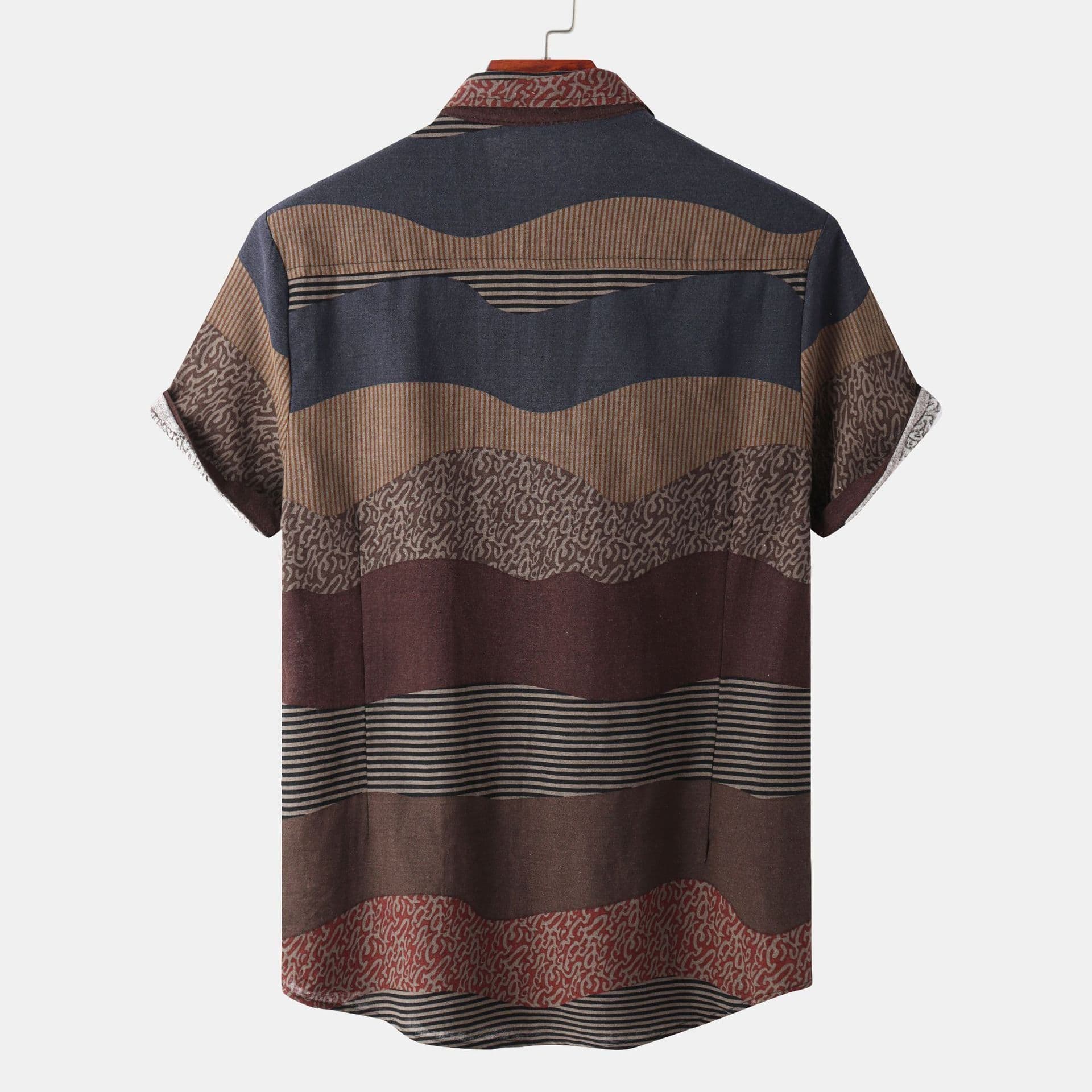 image-Men's Short Sleeve Colorblock Shirt with Lapel Collar