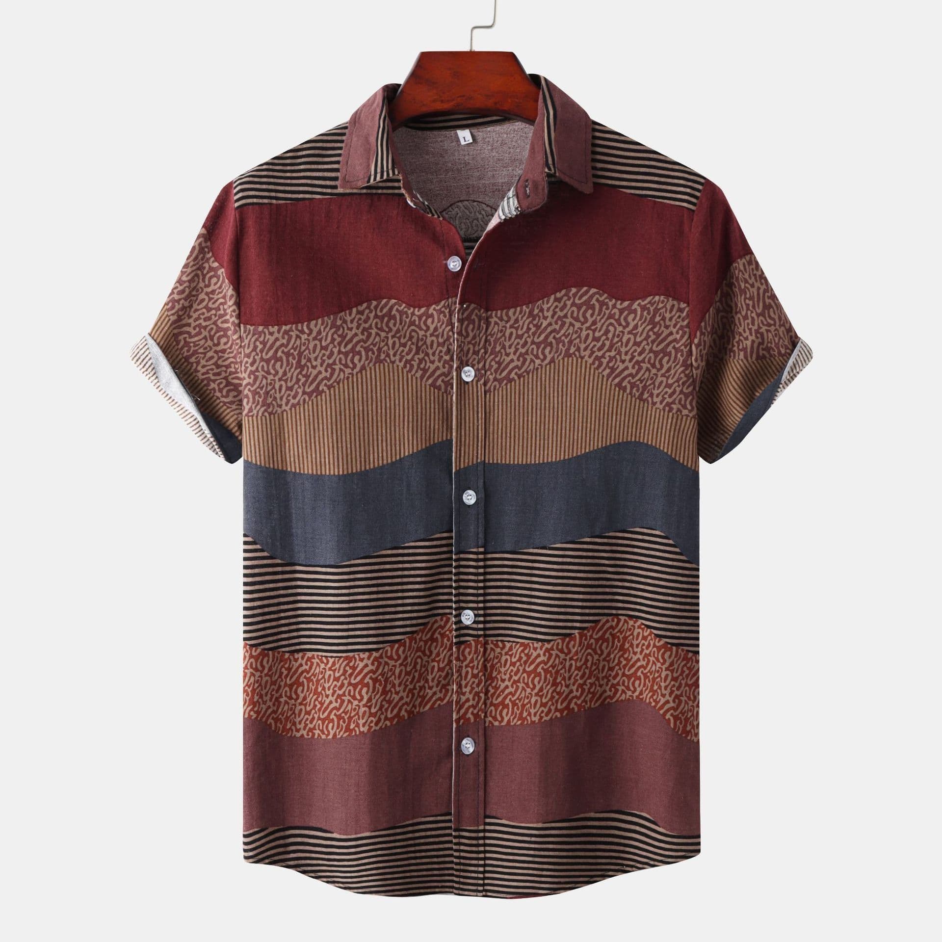 image-Men's Short Sleeve Colorblock Shirt with Lapel Collar