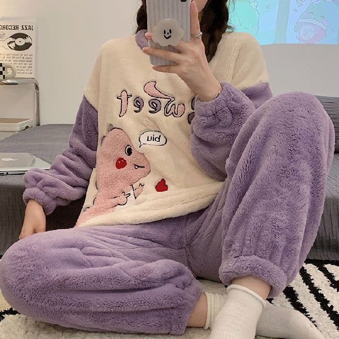 image-Women's Flannel Pajama Set Cinnamon Dog Coral Fleece Thickened