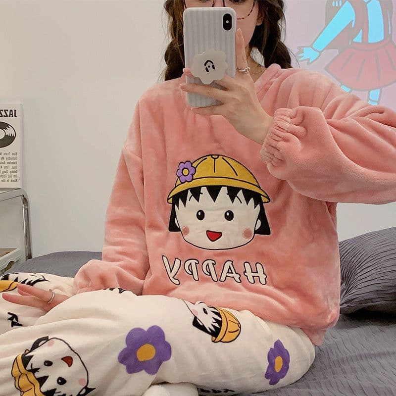 image-Women's Flannel Pajama Set Cinnamon Dog Coral Fleece Thickened