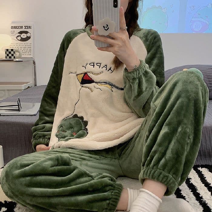 image-Women's Flannel Pajama Set Cinnamon Dog Coral Fleece Thickened