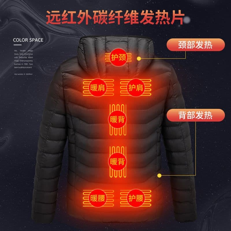 image-USB Heated Jacket Men's 9-Zone Hooded Cotton Padded Coat