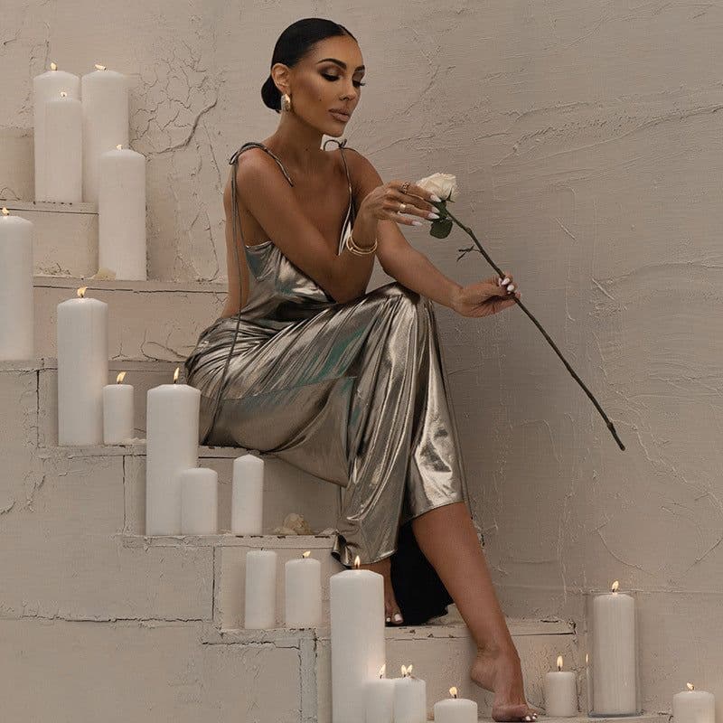 image-YJ23007 Metallic Coating Backless Suspender Long Dress