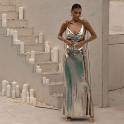 image-YJ23007 Metallic Coating Backless Suspender Long Dress