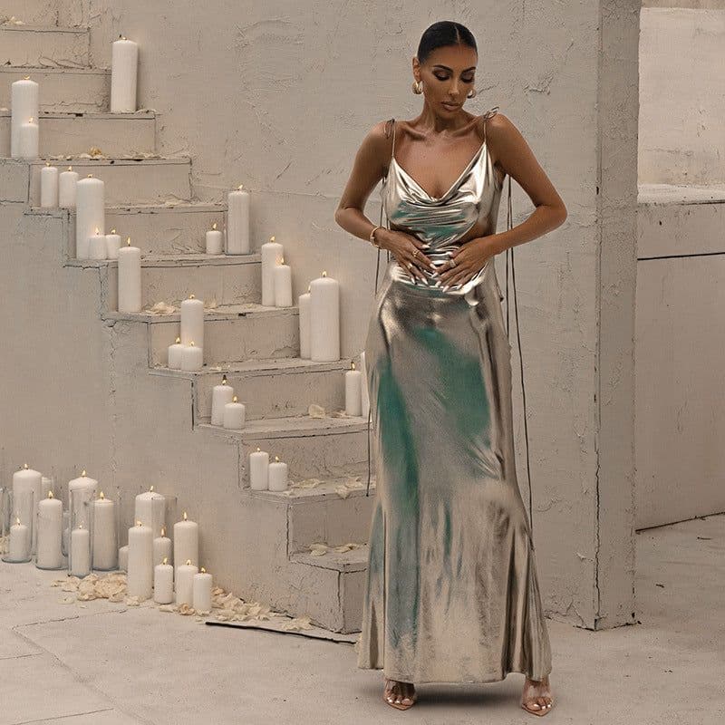 image-YJ23007 Metallic Coating Backless Suspender Long Dress