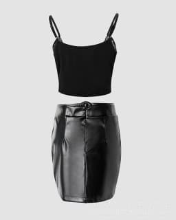 image-Black Sequin Cami Top & PU Strap Skirt Set Women's 2-Piece