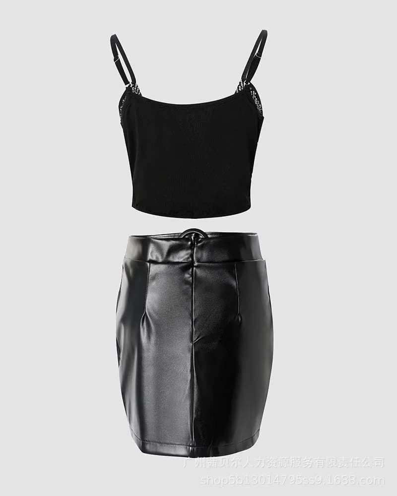 image-Black Sequin Cami Top & PU Strap Skirt Set Women's 2-Piece