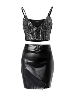 image-Black Sequin Cami Top & PU Strap Skirt Set Women's 2-Piece
