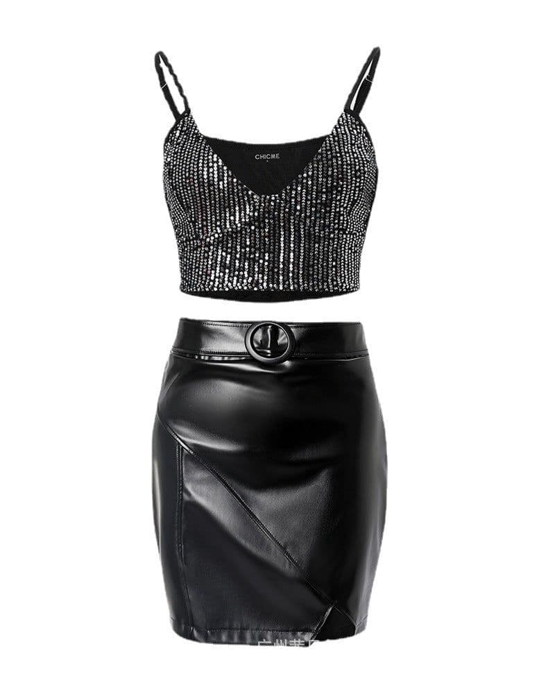 image-Black Sequin Cami Top & PU Strap Skirt Set Women's 2-Piece