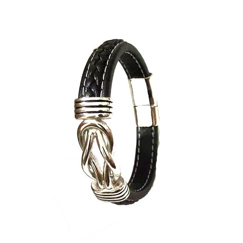 image-Men's Leather Bracelet Stainless Steel Magnetic Buckle Double Layer