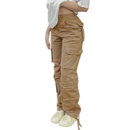 image-Women's Polyester Straight Leg Cargo Pants Mid-Rise Casual Trousers