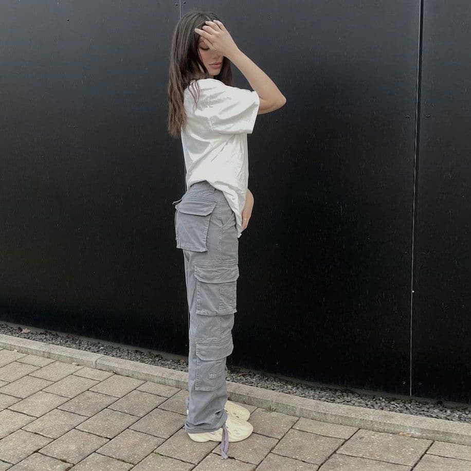 image-Women's Polyester Straight Leg Cargo Pants Mid-Rise Casual Trousers
