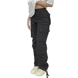 image-Women's Polyester Straight Leg Cargo Pants Mid-Rise Casual Trousers