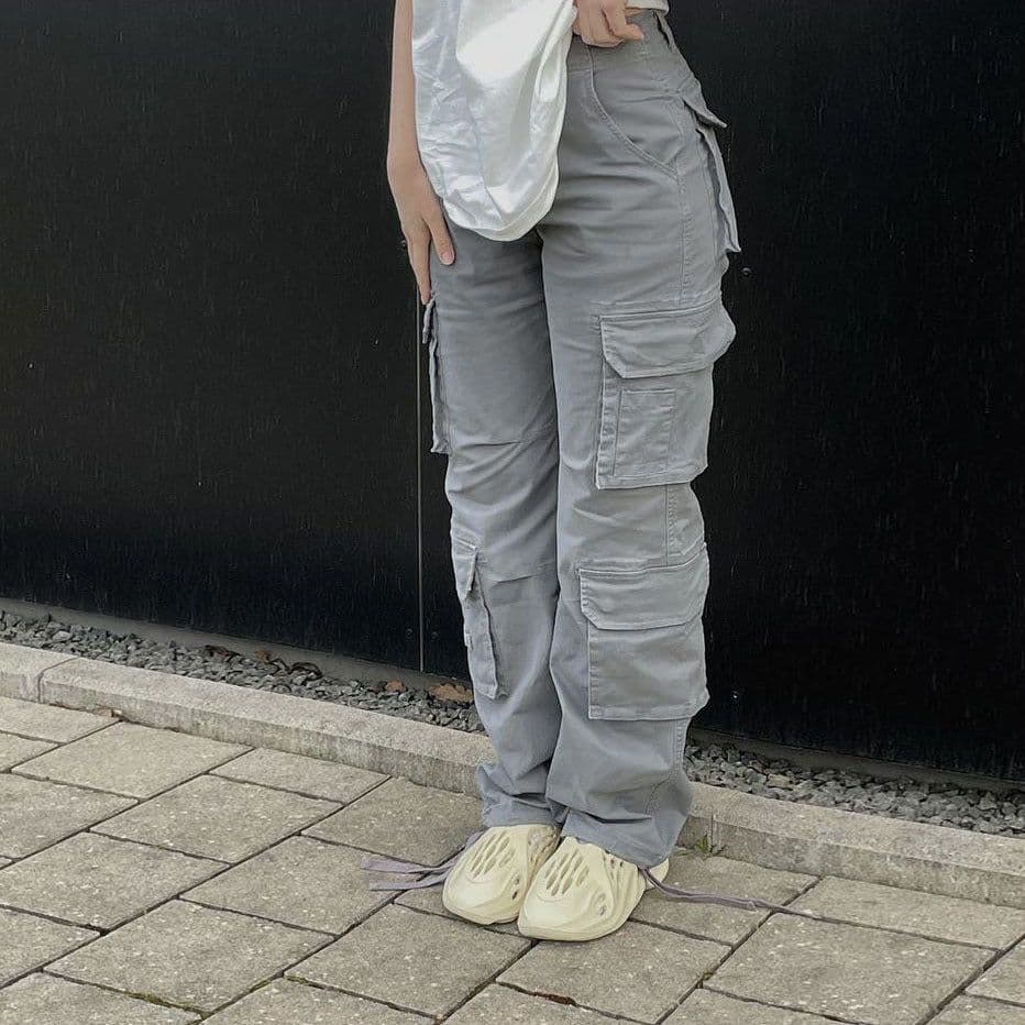 image-Women's Polyester Straight Leg Cargo Pants Mid-Rise Casual Trousers