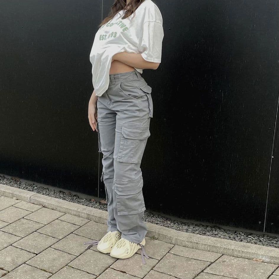 image-Women's Polyester Straight Leg Cargo Pants Mid-Rise Casual Trousers
