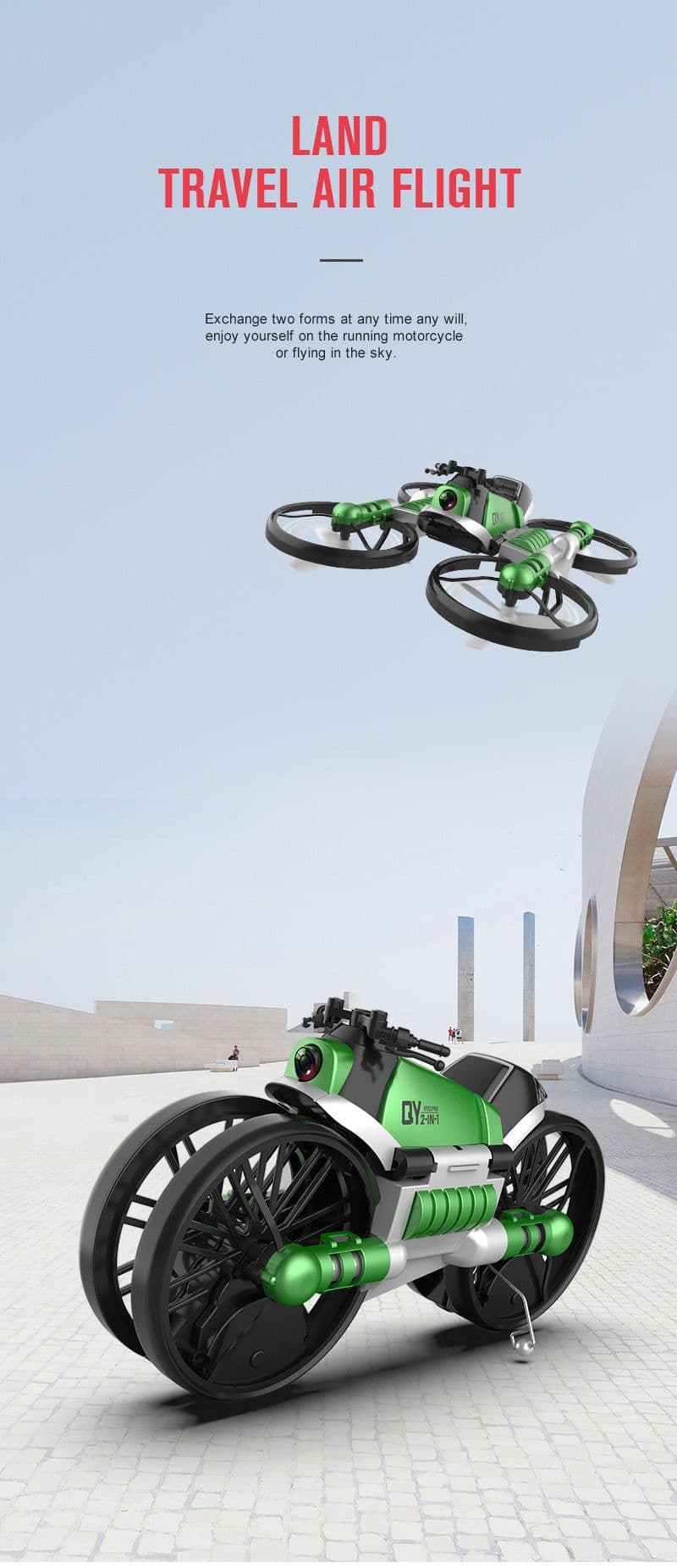 image-Qunyi Folding Motorcycle Drone 2-in-1 Land Air Quadcopter