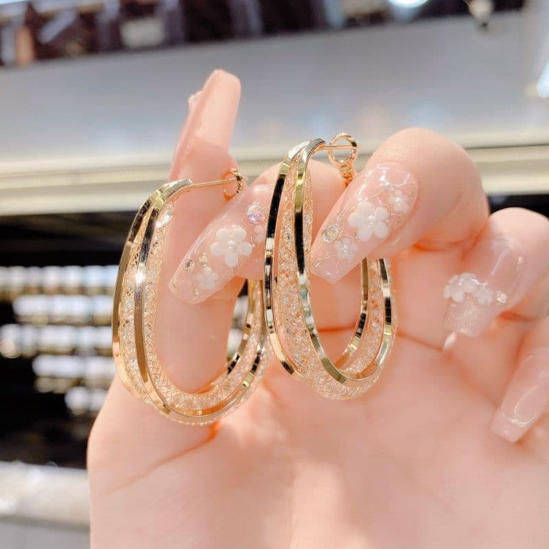 image-Korean Dupin Hollow Mesh Crystal Earrings S925 Silver Needle