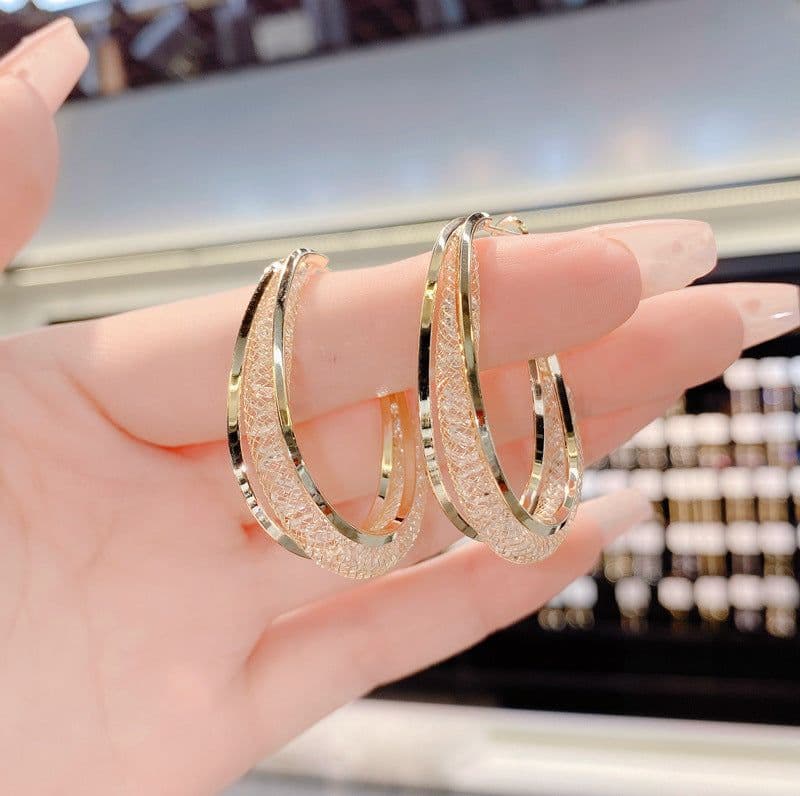 image-Korean Dupin Hollow Mesh Crystal Earrings S925 Silver Needle