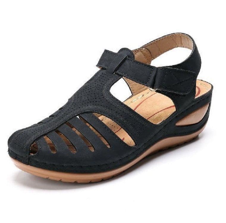 image-Women's Roman Sandals Round Toe PU Leather Brown Size 43