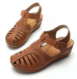 image-Women's Roman Sandals Round Toe PU Leather Brown Size 43