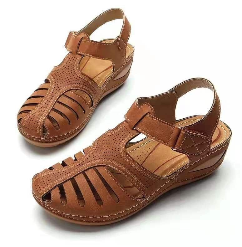 image-Women's Roman Sandals Round Toe PU Leather Brown Size 43