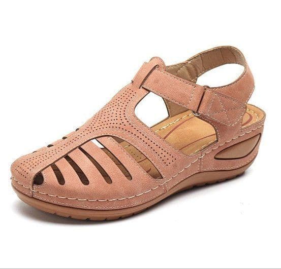 image-Women's Roman Sandals Round Toe PU Leather Brown Size 43