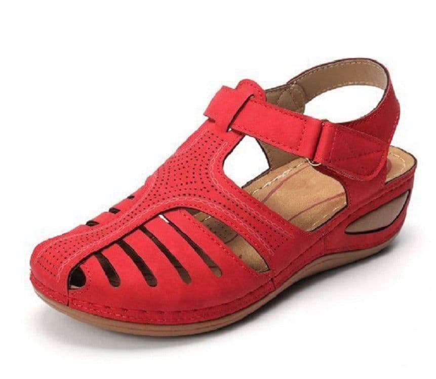 image-Women's Roman Sandals Round Toe PU Leather Brown Size 43