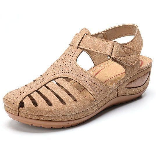 image-Women's Roman Sandals Round Toe PU Leather Brown Size 43