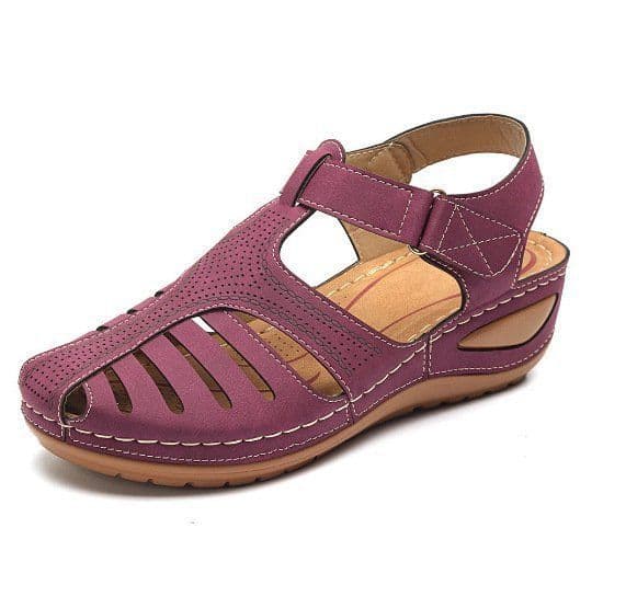 image-Women's Roman Sandals Round Toe PU Leather Brown Size 43