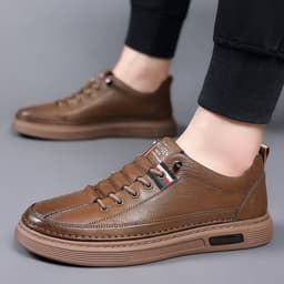 image-Men's Brown Cowhide Leather Casual Shoes Round Toe Flat Heel